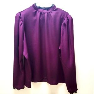 EXPRESS Women's Satin Long Sleeve Dark Plum Blouse, Size XL